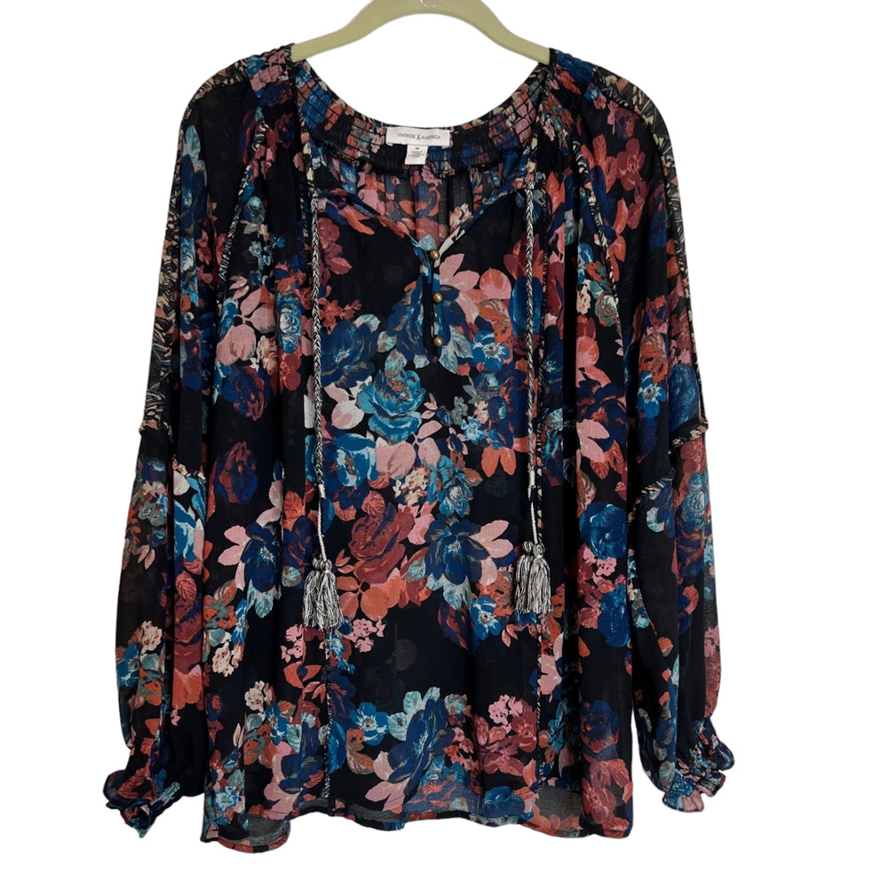 Vintage America Womens Semi-Sheer Chiffon Blouse Size Medium Black Dark Floral